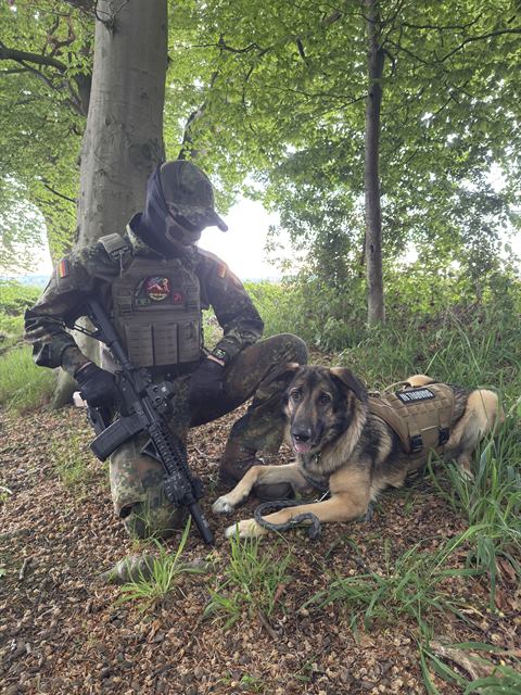 OMUNE und Schäferhund mit Hundeweste im Wald